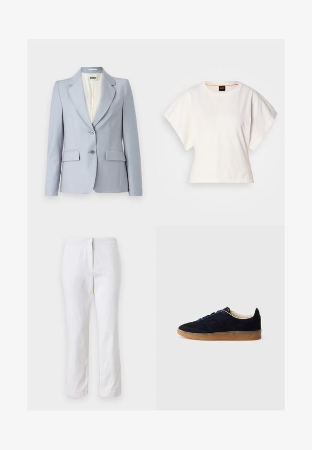 Helles blaues maßgeschneidertes Blazer aus glattem Stoff mit Reverskragen, zwei Vordertaschen und Zwei-Knopf-Verschluss. Gefüttertes Innere.; Weißes, kurzes T-Shirt, kurze weite Ärmel, weicher Baumwollstoff, runder Ausschnitt mit subtilen orangefarbenen Akzenten, minimales Design, keine Muster oder Grafiken.; Weiße Baumwollhose mit geradem Bein, mittelhoher Taille und ohne sichtbare Beschläge oder Muster. Glatte Textur auf der gesamten Fläche.; Marineblaue Wildledersneaker mit einer gum Rubber-Sohle, blauen Schnürsenkeln und minimalistischem Design. Verfügt über ein eingeprägtes Logo an der Seite und ein glattes Innenfutter.