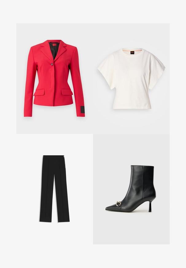 Rød skræddersyet jakke med enkelt knaplukning, slagkrave og forlommer. Har et glat stof og et elegant design.; Hvid cropped T-shirt, korte brede ærmer, blødt bomuldsstof, rund halsudskæring med diskret orange kant, minimalistisk design uden mønstre eller grafik.; Sorte vidde bukser med to frontfolder, elastisk talje og sideskaber som detaljer. Glat tekstur og minimalistisk design.; Sort læder ankelstøvle med spidse tæer, slank hæl i mellemhøjde og sølvspænde detaljer på siden mod en ensfarvet baggrund.