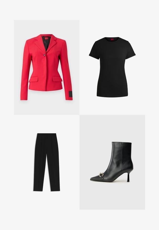 Red tailored jacket with a single button closure, lapel collar, and front pockets. Features a smooth fabric and sleek design.; Black cotton t-shirt with short rolled sleeves, a round neckline, and a red label. Smooth texture, fitted shape with minimal detailing.; Black trousers with a straight fit, featuring double pleats, a smooth texture, and a classic waistband design. No visible hardware or accents.; Black leather ankle boot with pointed toe, slim mid-height heel, and silver buckle detail on side against plain background.