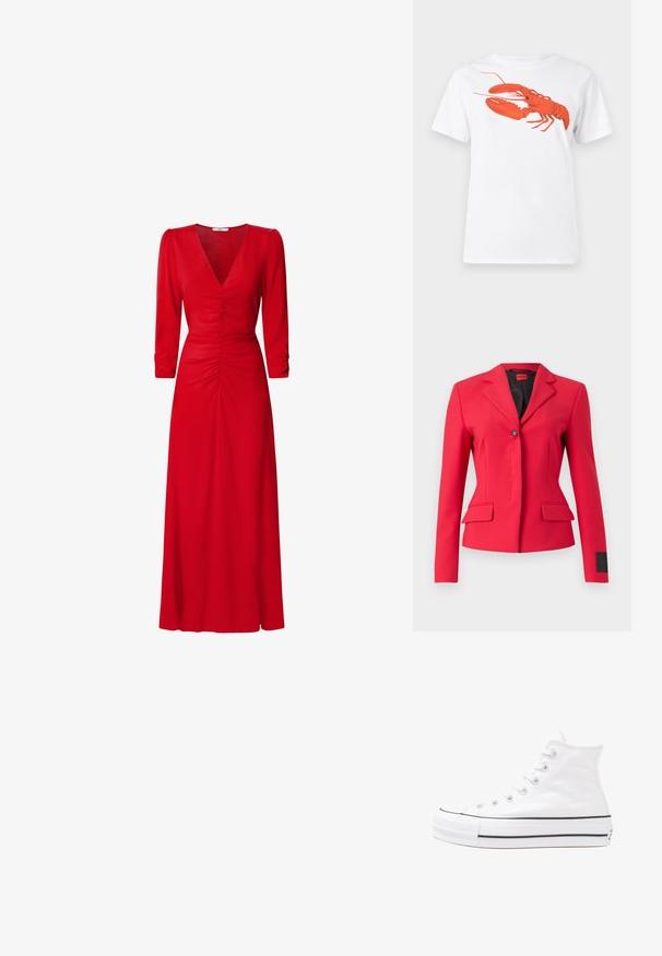 Rot tailored Jackett mit einer einreihigen Knopfleiste, Reverskragen und Fronttaschen. Besitzt einen glatten Stoff und ein elegantes Design.; Weißes Baumwoll-T-Shirt mit einem großen, leuchtend roten Hummer-Design auf der Vorderseite. Mit kurzen Ärmeln und klassischem Rundhalsausschnitt.; Rotes Kleid mit V-Ausschnitt, 3/4-Ärmeln und Raffung an der Taille und am Rücken. Der Stoff wirkt glatt und leicht.; Weiße hochwertige Leinensneaker mit schwarzer Gummisohle, vorderem Gummizehenschutz und sechs Ösen für Schnürsenkel, die ein sauberes, minimalistisches Design aufweisen.; Rote Lederhandtasche mit einem kantigen, geometrischen Design. Verfügt über einen verstellbaren Schulterriemen und einen Klappenverschluss mit genähten Details.