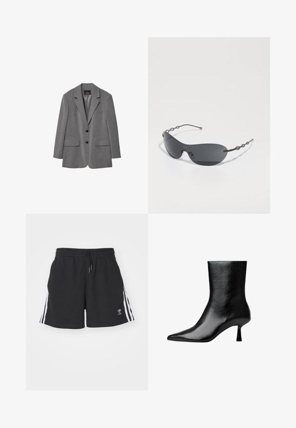 Harmaan muotoiltu bleiseri, jossa on lovet ja kaksi etupussia, kaksi nappia ja yksinkertainen vuori. Valmistettu sekoitekankaasta, jossa on sileä rakenne.; Valkoinen pitkähiha shirt, jossa on jämäkkä kaulus ja musta solmio, pehmeästä puuvillasta valmistettu, nappikiinnitys edessä.; Mustat urheilushortsit, jotka on valmistettu puuvillasekoitteesta. Shortsien sivuilla on valkoiset raidat, vyötäröllä on joustava vyötärönauha ja kiristysnauha, ja helman kohdalla on pieni logo.; Musta nilkkuri kiiltävästä nahasta, jossa on terävä kärki ja kapea korko, sekä sileä pinta ja minimalistinen muotoilu.; Aurinkolasit, joissa on tummanharmaat linssit, kiiltävä käyrä muoto ja erottuvat aaltoilevat metallivarret. Pintakäsittely on sileä ja siinä on hienovarainen matta viimeistely.; Musta nahkalaukku, jossa on punotut kahvat, teksturoitu pinta, vetoketjullinen etutasku ja koristeelliset fringes-akoristeet. Kompakti ja jämäkkä muoto.