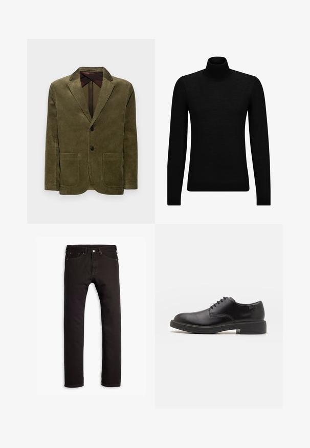 Selected Homme SLH KAY - Sako - kalamata; Černý rolák vyrobený z měkkého materiálu, s dlouhými rukávy a těsným střihem. Hladký lem na spodním okraji a manžetách. Jednoduchý design.; Černé slim-fit džíny s pěti kapsami a zapínáním na knoflík, vystavené v rovině na bílém pozadí.; Černé kožené šněrovací boty s kulatou špičkou, hladkým povrchem, minimálním prošíváním a nízkým gumovým podpatkem. Logo na patě.