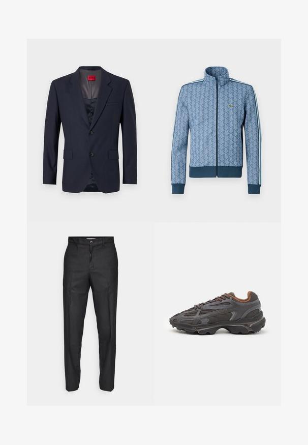 Navy blazer made of smooth fabric with a single-breasted design, two front pockets, and black buttons. Red brand label inside.; Blue zip-up jacket with a geometric pattern, ribbed cuffs and hem, and contrasting side stripes. Features a small logo on the chest.; Navy long-sleeve t-shirt made of cotton, featuring a crew neck and a small green crocodile logo on the left chest.; Black trousers made of a smooth fabric, featuring a front button closure, straight legs, and no visible pockets or patterns.; Lacoste sneakers in dark gray with mesh and synthetic material, featuring a textured sole and brown accents on the collar and branding.