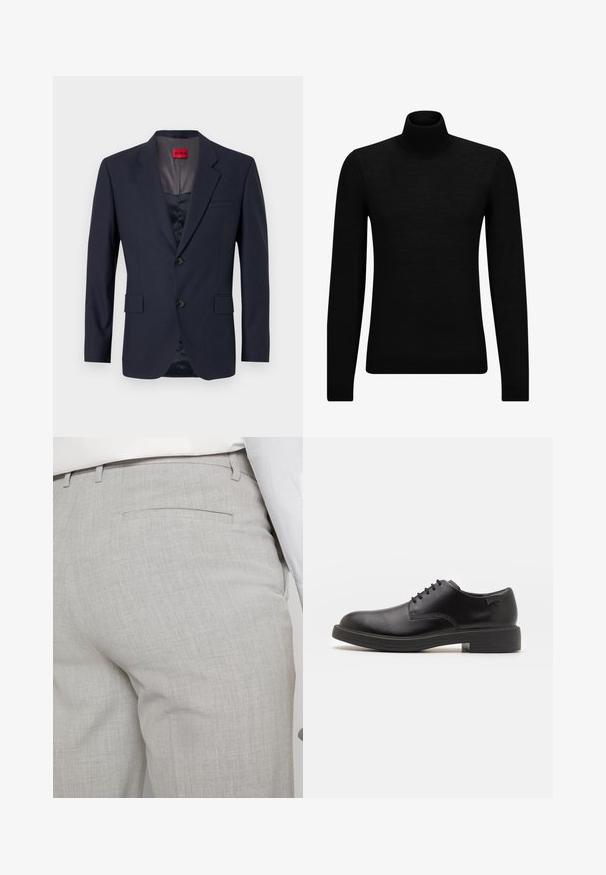 Námornícky blejzer vyrobený z hladkej tkaniny, s jednoradovým zapínaním, dvoma prednými vreckami a čiernymi gombíkmi. Červená značka na vnútornej strane.; Čierny rolák vyrobený z jemného materiálu, s dlhými rukávmi a tesným strihom. Hranatý lem a manžety s ribbed úpravou. Jednoduchý dizajn.; Svetlosivé nohavice na mieru vyrobené zo štruktúrovanej látky, s jedným zadným vreckom a čistým prešívaním.; Čierne kožené šnurovacie topánky s okrúhlou špičkou, hladkým povrchom, minimálnym prešívaním a nízkym gumovým podpätkom. Logo na podpätku.