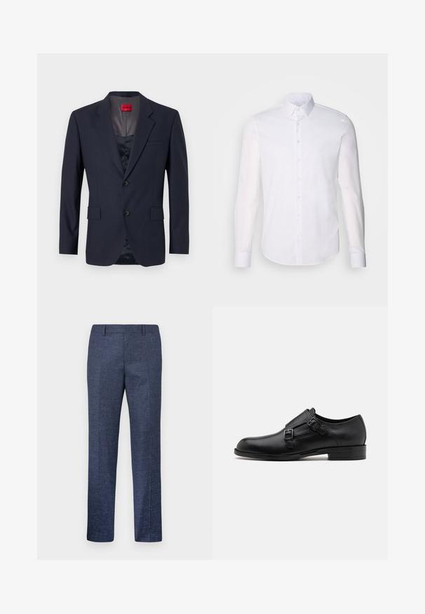 Navy blazer made of smooth fabric with a single-breasted design, two front pockets, and black buttons. Red brand label inside.; White long-sleeve button-up shirt made from cotton, featuring a classic collar, front buttons, and minimal stitching detail.; Navy blue trousers made from a textured fabric, featuring straight legs, a flat front, and two side pockets. No visible patterns or accents.; Black leather dress shoe with dual buckles, sleek silhouette, and round toe. Features a low heel and smooth texture.