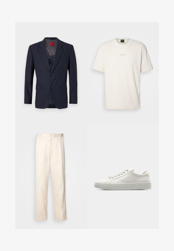 Blazer navy feito de tecido liso com um design de um só botão, duas bolsos frontais e botões pretos. Etiqueta de marca vermelha por dentro.; BOSS TEE - T-shirt básica - open white; Calças de algodão bege com corte reto, apresentando um fecho de botão e pregas na frente para um detalhe adicional.; Sapatilhas de couro branco com bico arredondado, design minimalista, atacadores cinzentos e sola de borracha cinza texturizada. Detalhes de costura subtis visíveis.