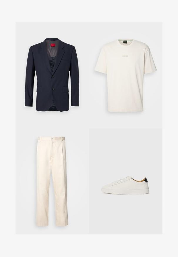 Nailonäoline bleiser sinisest kangast, millel on üksikkinnis, kaks esikotti ja mustad nööbid. Siseosa punane brändi silt.; BOSS TEE - Lihtne T-särk - open white; Beesidised puuvillased püksid sirge jala lõikega, mis on varustatud nööpkinnituse ja ees olevate voltidega, et lisada detaili.; Valge sneaker, millel on sile nahk pealis, ümmargune varvas ja lame tald. Must aktsent kandadel, ton-sümpaatne paeltega ja minimaalne bränding.
