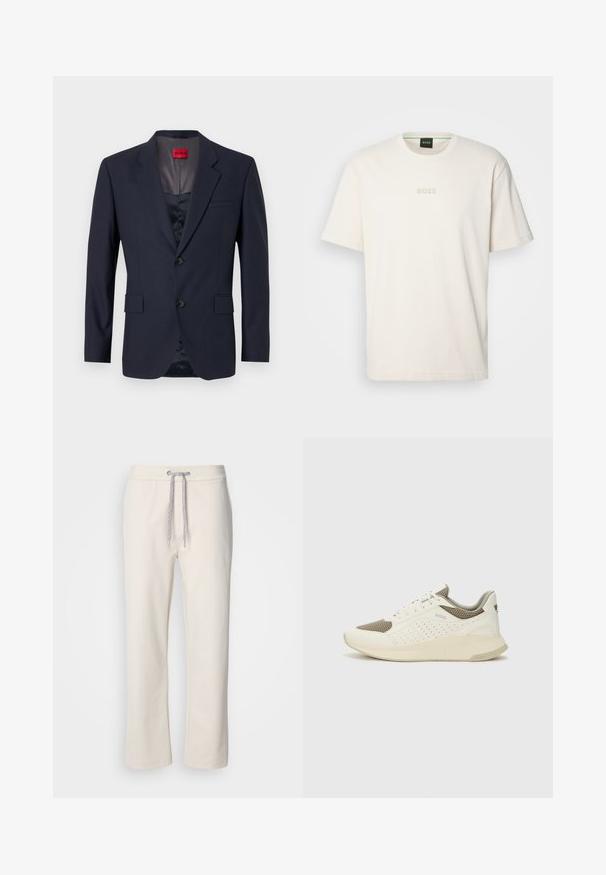 Námořnický blazer vyrobený z hladké látky s jednoramenným designem, dvěma předními kapsami a černými knoflíky. Červená značka uvnitř.; BOSS TEE - Jednoduché tričko - open white; Krémové volné kalhoty s elastickým pasem a rovnými nohavicemi, vystavené na jednobarevném bílém pozadí.; Bílé a světle béžové atletické tenisky, které mají síťovaný svršek, perforované detaily a texturovanou mezipodešev s logem na patě.