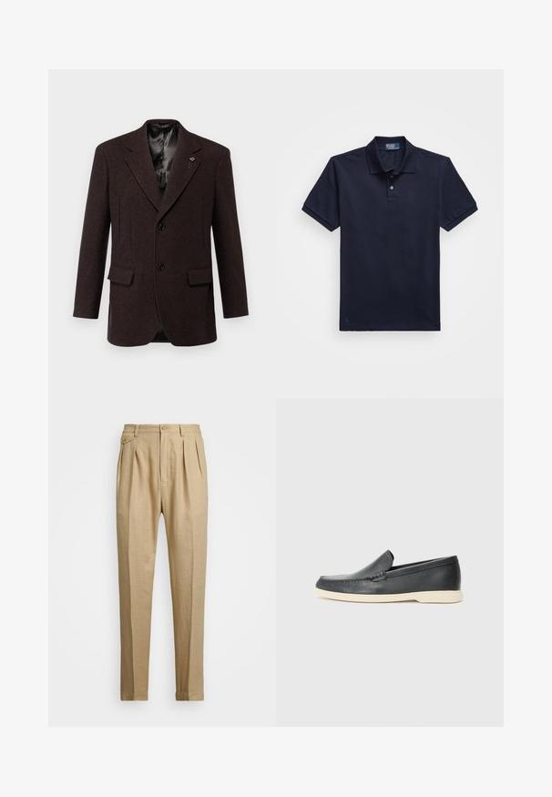 Blazer de lã castanho escuro com lapelas picadas, dois bolsos frontais e fecho de botão de um só lado. Forro de cetim suave.; Camisa polo azul marinho feita de tecido texturizado, com uma pala de dois botões e um pequeno logótipo bordado na bainha. Mangas curtas.; Calças de linho bege com corte reto, apresentando dois plissados frontais, fecho com botão e bolsos laterais. Tecido texturizado com um acabamento suave.; Mocassins pretos em couro com acabamento texturizado e sola de borracha bege em contraste. Apresenta um detalhe subtil na parte da frente.