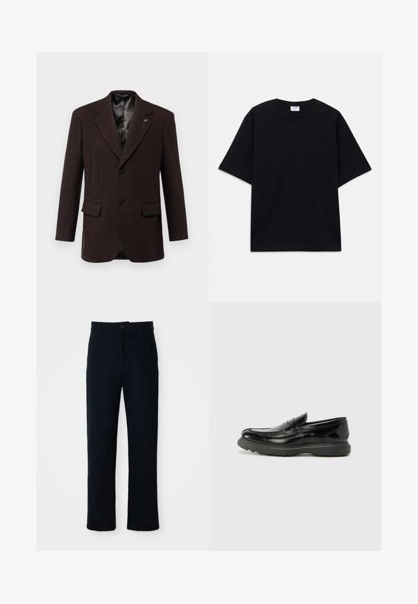 Donkerbruine wollen blazer met gelapte revers, twee voorkralen en een enkelvoudige knoopsluiting. Gladde satijnen voering.; Zwarte oversized T-shirt met korte mouwen en ronde hals, met zichtbaar Filippa K merkelabel aan de binnenkant van de kraag.; Marineblauwe broeken van katoen, met een recht model, een sluiting met een knoop aan de voorkant en een klassieke tailleband met riemlussen.; Zwarte leren instapper met een glanzende afwerking, een ronde neus, subtiele stiksels en een dikke rubberen zool voor duurzaamheid.