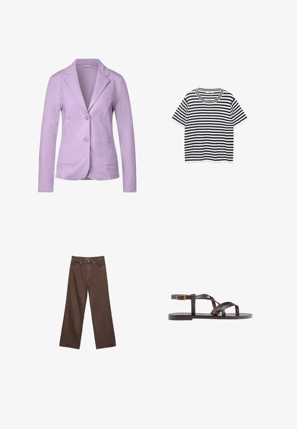 Light purple blazer made of soft fabric, featuring a notched collar, two front pockets, and a single button closure.; Striped t-shirt made of cotton with navy and white horizontal stripes, features a round neckline and short sleeves. Smooth texture.; Wide-leg brown jeans made of denim, featuring a high waist, front pockets, and a classic button closure. Smooth texture with subtle stitching.; Brown leather sandal featuring crisscross straps, an ankle buckle closure, and a flat sole with minimal stitching details.