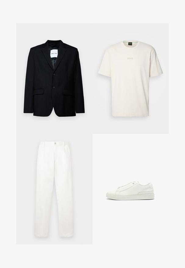 Zwarte pinstripe blazer van soepel materiaal, met een notch lapel, een sluiting met twee knopen en twee frontzakken. De binnenkant heeft een gladde voering.; BOSS TEE - T-shirt basic - open white; Witte broeken gemaakt van een gladde stof, met een recht model, voorplooien en een enkele knoopsluiting bij de taille.; Witte leren sneaker met een gestructureerde bovenkant, een ronde neus, minimalistisch ontwerp en een rubberen zool met gestikte details.