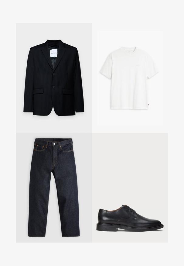 Melns svītrains bleizeris, izgatavots no gludas auduma, ar noti lapeli, divu pogu aizdari un divām priekšējām kabatām. Iekšpusē ir gluda oderējuma.; Balta kokvilnas T-krekls ar īsām piedurknēm, apaļu kakla izgriezumu un maigi redzamu Levi's logotipu centrā. Mīksta tekstūra un standarta piegriezums.; Tumši zili džinsi ar taisnu piegriezumu, piecām kabatām, kontrastējošiem apelsīnu diegiem un ar pogu aizdari. Nav redzamu rakstu vai rotājumu.; Melnas ādas kleitu kurpes ar apaļu purngalu, auklu dizainu un zemu sakrautu papēdi. Gluda virsma ar minimālām šuvju detaļām.