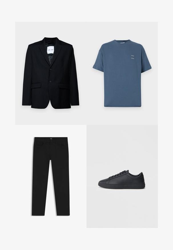 Black pinstripe blazer made of smooth fabric, featuring a notch lapel, two-button closure, and two front pockets. Interior has a smooth lining.; Blue cotton t-shirt with a classic crew neck, short sleeves, relaxed fit, and two small printed logos on the chest. Smooth texture.; Black denim trousers with a straight cut, featuring a standard waistband, five pockets, and a button closure. Smooth texture throughout.; Black sneakers made of smooth leather with a low-top design, round toe, and flat rubber sole. Features laces and subtle branding.