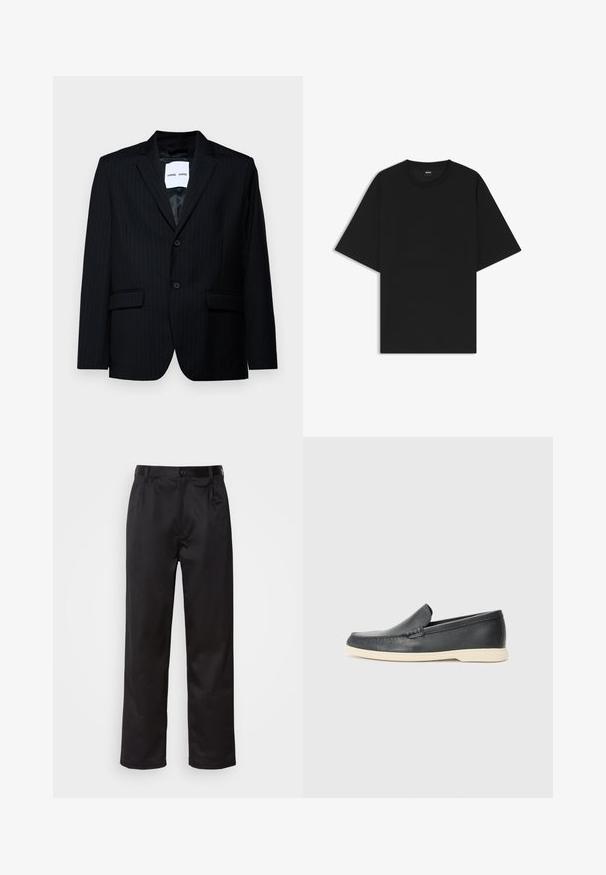Blazer nero a righe sottili realizzato in tessuto morbido, dotato di revers a punta, chiusura a due bottoni e due tasche frontali. L'interno è foderato in modo liscio.; Maglietta nera a maniche corte con scollo rotondo, dalla vestibilità rilassata e un piccolo etichetta "BOSS" all'interno del colletto.; Pantaloni neri realizzati in tessuto morbido, con chiusura frontale a bottone, pieghe e gambe dritte. Nessun motivo o accento visibile.; Mocassini neri in pelle con finitura testurizzata e suola in gomma beige a contrasto. Presentano un accento sottile lungo la parte anteriore.