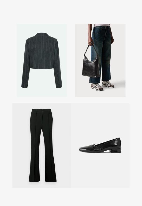 Blazer grigio corto con righe verticali, dotato di colletto classico e maniche lunghe, realizzato in tessuto testurizzato.; Maglione bianco a maniche lunghe, design cropped, texture morbida, collo rotondo, polsini e orlo a costine, stile minimalista senza pattern o elementi hardware visibili.; Pantaloni neri a zampa d'elefante in tessuto liscio, con vita alta dotata di due bottoni e pieghe frontali, che donano un aspetto sartoriale.; Ballerine in pelle sintetica nera con punta affusolata, tacco quadrato basso e un piccolo dettaglio di fibbia metallica sulla cinghia. Texture liscia.; Borsa a tracolla nera in pelle con una texture liscia e tracolla regolabile, abbinata a jeans ampi sbiaditi e sneakers sportive.; Collana d'argento con una catena sottile e un ciondolo a forma di ovale liscia, dotato di una piccola chiusura sul lato destro.