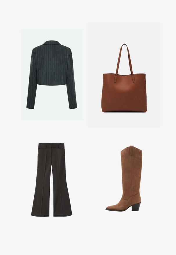 Lyhennetty harmaa bleiseri, jossa on pystysuorat raidat, klassinen kaulus ja pitkät hihat, valmistettu teksturoidusta kankaasta.; Valkoinen T-paita, joka on valmistettu pehmeästä ja kevyestä kankaasta. Omistaa pyöreän kaula-aukon ja lyhyet, leveät hihat rentoa istuvuutta varten. Ei näkyviä kuvioita.; Mustat vyötäröltä korkealla loistavat housut; niissä on kaksi etutaskua ja sileä kangaspinta. Sopii eri tilaisuuksiin.; Kahvi mokkanahasta valmistettu polvistepöly, jossa on kärjellinen varvas, kalteva korko ja koristeellinen ommel varren päällä. Tasainen pinta ja kapeneva muotoilu.; Ruskea nahkainen olkalaukku, jossa on sileä pinta, avoin yläosa ja kaksi olkahihnaa. Omaavat vain minimaalisen ompelun eikä näkyvää metalliosaa.