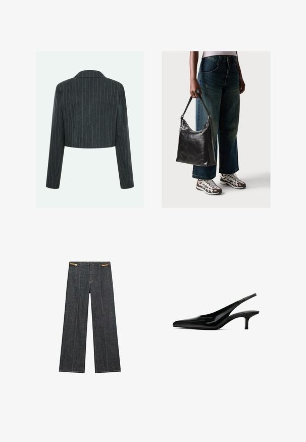 Střižený šedý blejzr s vertikálními pruhy, s klasickým límečkem a dlouhými rukávy, vyrobený z texturované tkaniny.; Černé tričko s krátkým rukávem a výstřihem do V s jednoduchým, přiléhavým designem na bílém pozadí.; Tmavě modré denimové široké kalhoty s vysokým pasem. Vyznačují se viditelným šitím, zapínáním na knoflík a jedinečným řetízkovým akcentem v pase.; Černý špičatý slingback s lesklou koženou povrchovou úpravou a tenkým, nízkým podpatkem. Obsahuje výřez na boku pro prodyšnost.; Černá kožená kabelka přes rameno se hladkým povrchem a nastavitelným popruhem, spárovaná s vybledlými džínami širokého střihu a sportovními teniskami.