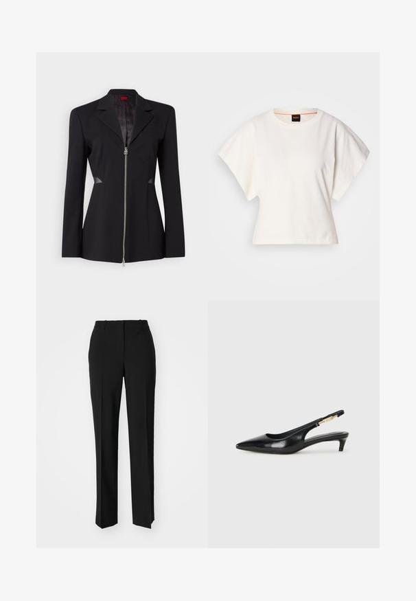 Čierny blazer s ostrým golierom, predným zipsom, priliehavým strihom a bočnými prúžkami z mäkkej sieťoviny. Hladká tkanina so subtílnym vnútorným vzorom.; Biely skrátený tričko, krátke široké rukávy, mäkký bavlnený materiál, okrúhly výstrih s jemným oranžovým lemovaním, minimalistický dizajn, bez vzorov alebo grafiky.; Čierne krajčírské nohavice so strihom rovného nohu, s hladkou textúrou a ostrými skladmi pozdĺž prednej časti. Žiadne viditeľné hardvér.; Čierne kožené slingback opätky s špicatou špičkou, s úzkym opätkom a zlatým detailom na nastaviteľnom remienku. Hladká textúra.