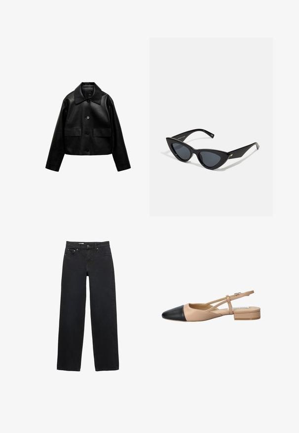 Mango Jakna iz umetnega usnja - black; Črna in smetana črtasta majica brez rokavov s prilegajočim dizajnom, ki ima debele vodoravne črte in logotip v središču spredaj. Mehka pletenina.; Črne široke jeans hlače iz denima, s petimi žepi, gumbom za zapiranje, subtilnim šivanjem in ravnim krojem od pasu do roba.; Bežna in črna dvobarvna slingback čevlja s koničastim noskom, ravnim peto in križno zasnovo traku. Gladka usnjena tekstura.; Sončna očala v obliki mačjih očes z sijajnim črnim plastičnim okvirjem, temnimi lečami in zlatimi detajli na templjih. Angularen dizajn s prefinjenimi linijami.; Črna usnjena torbica z teksturirano površino, ki ima dva zgornja ročaja, odstranljiv ramenski trak in podrobnosti z srebrnim zapiranjem.