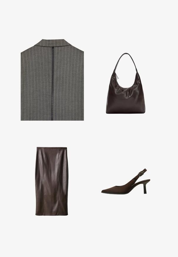 Grau gestreifter Stoff im Fischgrätmuster mit einem hohen Kragen und einem zentralen schwarzen Reißverschluss auf der Rückseite. Die Textur ist gewebt und strukturiert.; Brauner Strickpullover mit einem cropped Design, Zopfmuster und gerippten Bündchen. Verfügt über einen runden Ausschnitt und eine weiche Textur.; Brauner Leder-Bleistiftrock mit glatter Textur, knielang, mit vertikalen Nähten zur Gestaltung. Keine zusätzlichen Beschläge oder Akzente.; Braun Wildleder Slingback-Pumps mit spitzem Zeh, schlankem Design, dünnem Absatz und einer Schnallenakzent auf dem Knöchelriemen.; Braune Leder-Schultertasche mit einem weichen, lässigen Design. Die Tasche verfügt über einen breiten Riemen und eine minimalistische Form, die durch eine subtile Textur ergänzt wird.