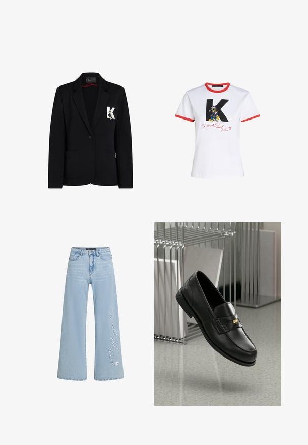 Črni blazer iz raztegljive tkanine, z dvema gumboma za zapiranje, dvema sprednjima žepoma in dekorativno obližem s črko K in karakterjem.; Bela bombažna majica s rdečim ovratnikom in robovi rokavov. Ima črno grafiko 'K' in Donalda k Ducka s podpisom v rdeči barvi.; Svjetloplave traperice širokih nogavica s izvezenim tekstom "Donald i Daisy" na lijevoj nogavici. Sadrži klasičan dizajn s pet džepova i petlje za remen.; Črne usnjene loafer čevlje z gladko površino, ki imajo dekorativen trak in majhen zlati akcent. Podplat je raven z zaobljenim prstom.