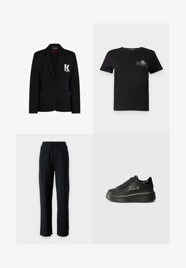 Melns žakets, izgatavots no elastīga auduma, ar divu pogu aizdari, divām priekšējām kabatām un dekoratīvu K un rakstzīmes uzlīmi.; Melnas īsām piedurknēm T-krekls, izgatavots no kokvilnas. Ar baltu grafiku, kurā rakstīts "KARL" un stilizēta figūra uz krūšu daļas. Apaļš kakla izgriezums.; Melni sporta bikses ar brīvu piegriezumu, elastīgu jostasvieta, regulējamu auklu un vertikālām šuvēm gar kājām. Mīksta auduma tekstūra.; Melni platformas sporta apavi, kas izgatavoti no gludas ādas, ar plakaniem šņorēm un izšūtu "Karl" logo sānos. Apaļa purngala un bieza zole.