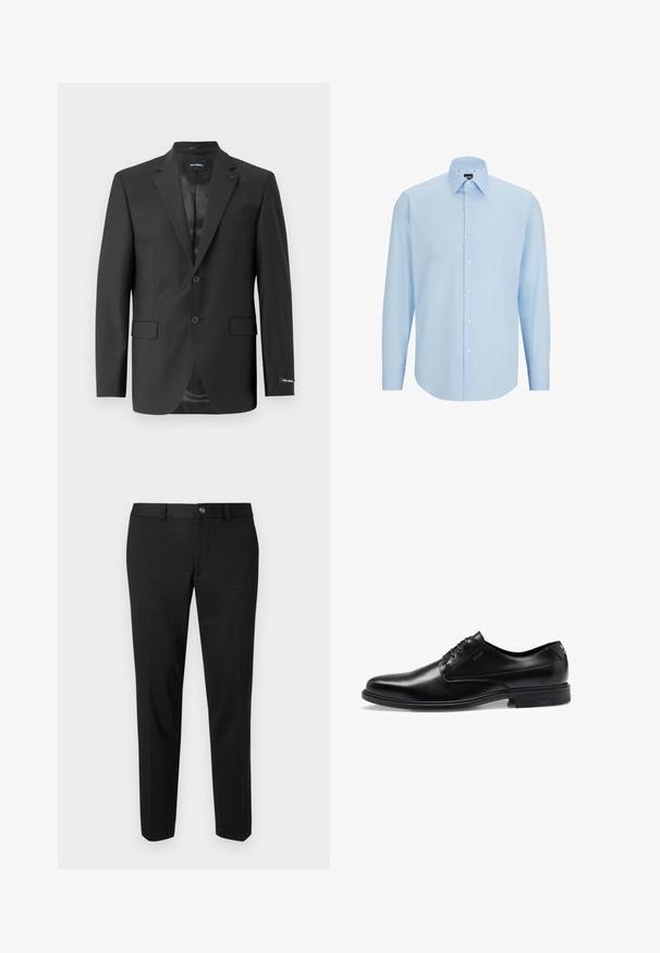 Musta räätälöity bleiseri sileästä kankaasta, yksirivinen kahdella napilla, jossa on lovikaulus, kaksi etutaskua ja tyylikäs vuori.; Vaaleansininen pitkähihaisen paita, joka on valmistettu sileästä kankaasta. Paidassa on nappi-etuosa, terävä kaulus sekä normaali istuvuus.; Mustat housut, jotka on valmistettu sileästä kankaasta. Niissä on suora leikkaus, litteä etuosa ja nappikiinnitys yksinkertaisella vyötärönauha-muotoilulla.; Musta nahkakengät, joissa on sileä pinta, nauhakiinnitys, pyöristetty varvaskohta ja hienovaraiset tikkauskohteet. Varustettu mustalla kumipohjalla.