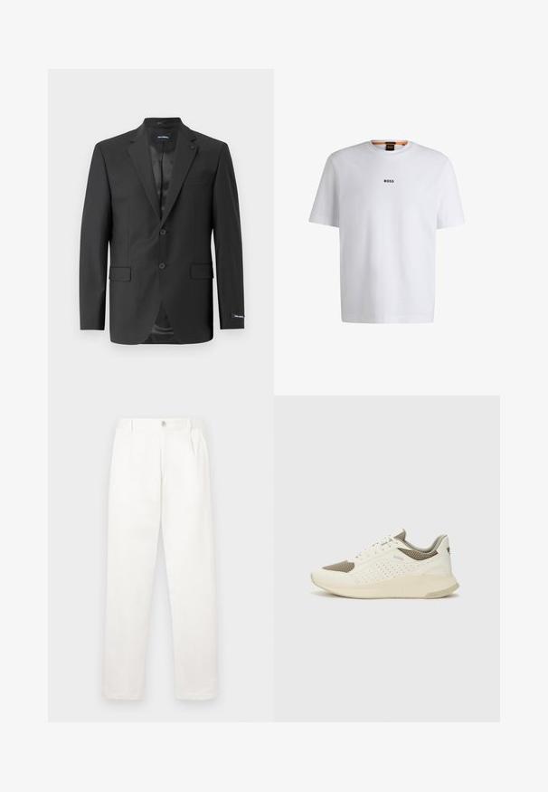 Černý přiléhavý blejzr z hladké látky, jednoradový s dvěma knoflíky, má klopu s výřezem, dvě přední kapsy a stylovou podšívku.; Bílý bavlněný tričko s krátkým rukávem, se středovým černým logem "BOSS" na hrudi a kulatým výstřihem.; Bílé kalhoty vyrobené z hladké tkaniny, s rovnými nohavicemi, předními sklady a jedním knoflíkem na zavírání v pase.; Bílé a světle béžové atletické tenisky, které mají síťovaný svršek, perforované detaily a texturovanou mezipodešev s logem na patě.