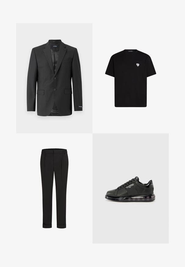 Črn moški blazer, prilagojen iz gladkega blaga, enojno zapenjanje s tremi gumbi, z odrezanim ovratnikom, dvema sprednjima žepoma in elegantno podlogo.; Črna bombažna majica s kratkimi rokavi, okroglo izreza in majhnim belim srčkom natisnjenim na levem prsnem delu.; Črne hlače z elastičnim pasom, s pravimi nogavicami in zavihanimi manšetami. Narejene so iz gladkega, tkanega materiala brez vzorcev.; Črne snežne čevlje z gladkim usnjenim zgornjim delom, zaobljenim toeom in vezalnim dizajnom. Imajo prozoren, oblazinjen podplat z temnim gradijentom.