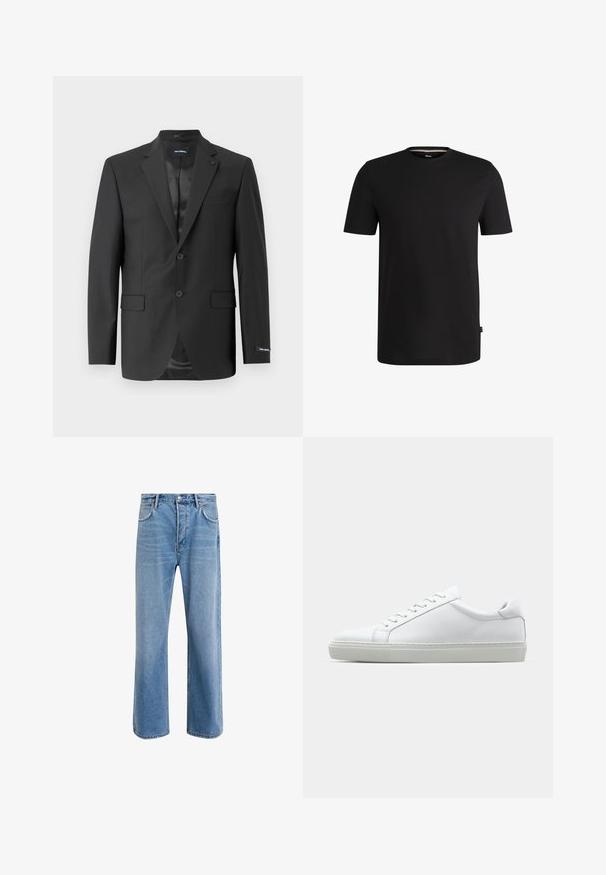 Must mustreeritud must ülikondjakk sujuvast kangast, ühe nööbiga, kahel nööbil, varustatud lõikega krae, kahe eesmise taskuga ja stiliseeritud voodriga.; Must t-särk lühikeste varrukatega, valmistatud siledast puuvillast ja ümmarguse kaelusega. Vasakul küljel, hemmi lähedal, on väike brändi silt.; Heledad sinine teksapüksid otse lõikega, viie taskuga, nupuga sulgemine, minimaalne kulumine ja kontrastsed õmbluse detailid.; Valge tennisetoss, millel on sile nahk pealis ja madal profiil. Omab ümarat ninaosa, kuut silmust ja tekstuuriga kummist talda.