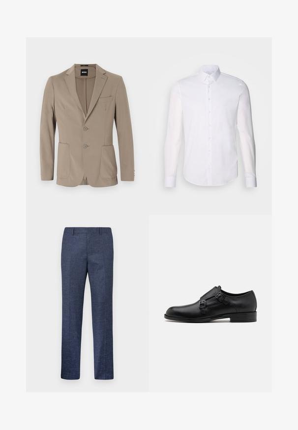 Beige skräddarsydd blazer i mjukt tyg. Har en enkelknäppt design med två knappar, slagkrage och två framfickor.; Vit långärmad skjorta med knappar tillverkad av bomull, har en klassisk krage, framskjuta knappar och minimal sömnadsdetalj.; Mörkblå byxor tillverkade av ett strukturerat tyg, med raka ben, platt fram och två sidofickor. Inga synliga mönster eller dekorationer.; Svart läderskor med dubbla spännen, elegant silhuett och rund tå. Har en låg klack och en mjuk yta.