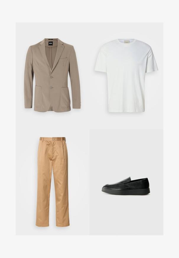 Beżowa marynarka o dopasowanym kroju, wykonana z miękkiego materiału. Charakteryzuje się jednorzędowym fasonem z dwoma guzikami, klapami w kształcie notcha oraz dwoma przednimi kieszeniami.; Gładka biała koszulka z krótkim rękawem i okrągłym dekoltem, z widoczną metką Calvin Klein wewnątrz kołnierza, prezentowana na neutralnym tle.; Spodnie khaki, z mieszanki bawełny, prosty krój nogawki, fałdy z przodu, pętle na pasek i zapięcie na guzik. Gładka tekstura bez wzorów.; Calvin Klein HYBRID CUP czarny