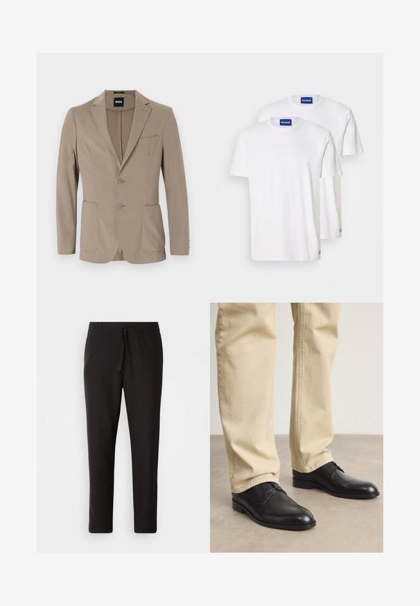 Blazer ajusté beige en tissu doux. Doté d'un design à un bouton avec deux boutons, revers crantés et deux poches avant.; T-shirts en coton blanc avec col rond et manches courtes, étiquetés avec des tags bleus "HUGO" au niveau du col et de petits accents à l'ourlet.; Pantalons de jogging noirs en tissu lisse. Dotés d'une taille élastique avec cordon de serrage, jambes fuselées, et sans poches visibles. Design simple.; Chaussures noires en cuir à lacets avec un bout arrondi, finition lisse et détails de couture subtils, portées avec un pantalon beige clair.