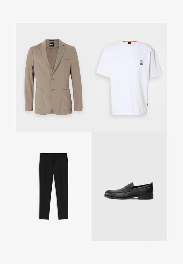 Beige tailored blazer made of soft fabric. Features a single-breasted design with two buttons, notch lapels, and two front pockets.; White cotton t-shirt featuring a small blue logo and graphic design on the left chest; relaxed fit with a classic crew neckline.; Black trousers with a drawstring waist, pleated front, tapered legs, and smooth fabric texture. No additional patterns or details.; Black leather loafers with a textured front panel and smooth sides. Features a slim heel and rear loop for easy wear. Classic design.
