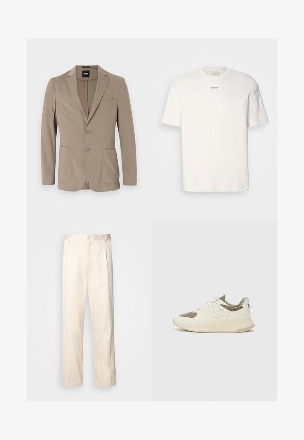 Smėlinis pritaikytas švarkas, pagamintas iš minkštos medžiagos. Yra vienaragės užsegimo dizainas su dviem mygtukais, notch tipo apykaklėmis ir dviem priekinėmis kišenėmis.; Balta medvilninė marškinėlių suapvalintu kaklu, trumpomis rankovėmis ir siuvinėtu "Calvin Klein" logotipu krūtinės centre. Paprastas dizainas.; Bežinės medvilninės kelnės su tiesiu kirpimu, turinčios mygtuko uždarymą ir priekyje raukšles papildomai dekoratyviam akcentui.; Baltas ir šviesiai bežinis sportinis kedas, su tinklo viršumi, perforuotais detalėmis ir tekstūruotu tarpine su logotipu ant kulno.