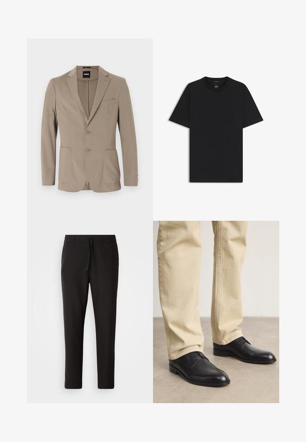 Beige op maat gemaakte blazer van zacht stof. Heeft een enkelvoudige knopen en twee knopen, met puntige revers en twee voorzakken.; Zwarte korte mouwen T-shirt van een gladde katoenmix, met een ronde halslijn en een minimalistisch ontwerp zonder patronen of accenten.; Zwarte joggingsbroek van gladde stof. Kenmerkt zich door een elastische tailleband met een trekkoord, taps toelopende benen en geen zichtbare zakken. Eenvoudig ontwerp.; Zwarte leren veterschoenen met een ronde neus, een gladde afwerking en subtiele stikdetails, gedragen met lichtbeige broeken.