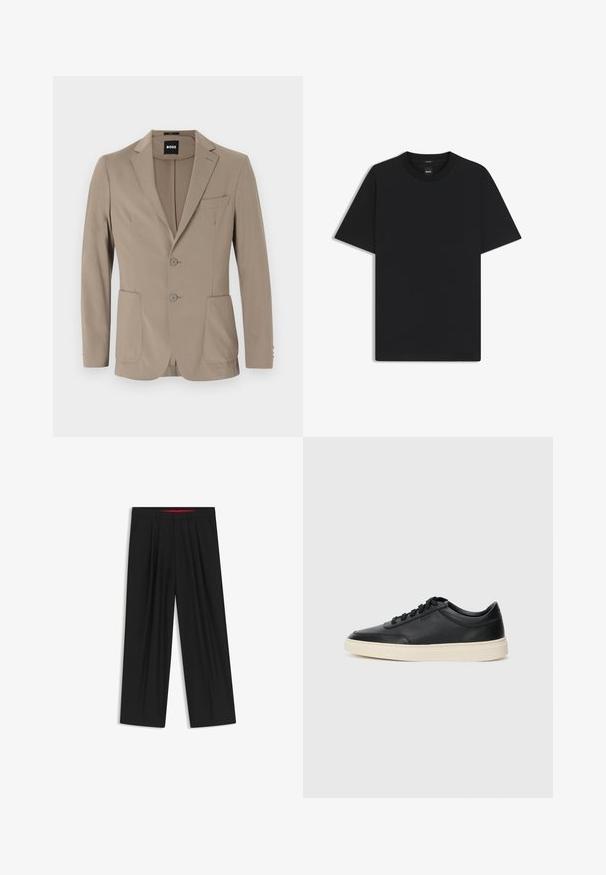 Blazer beige su misura realizzato in tessuto morbido. Presenta un design a un bottone con due bottoni, rever a dente e due tasche frontali.; Maglietta nera a maniche corte realizzata in un morbido misto cotone, con scollatura a girocollo e un design minimalista senza motivi o dettagli.; Pantaloni neri a gamba larga con fronte piatto, due tasche laterali, design plissettato e un elastico in vita di colore rosso a contrasto.; Sneaker in pelle nera a basso profilo con lacci neri e suola avorio, mostrato di profilo su sfondo bianco.