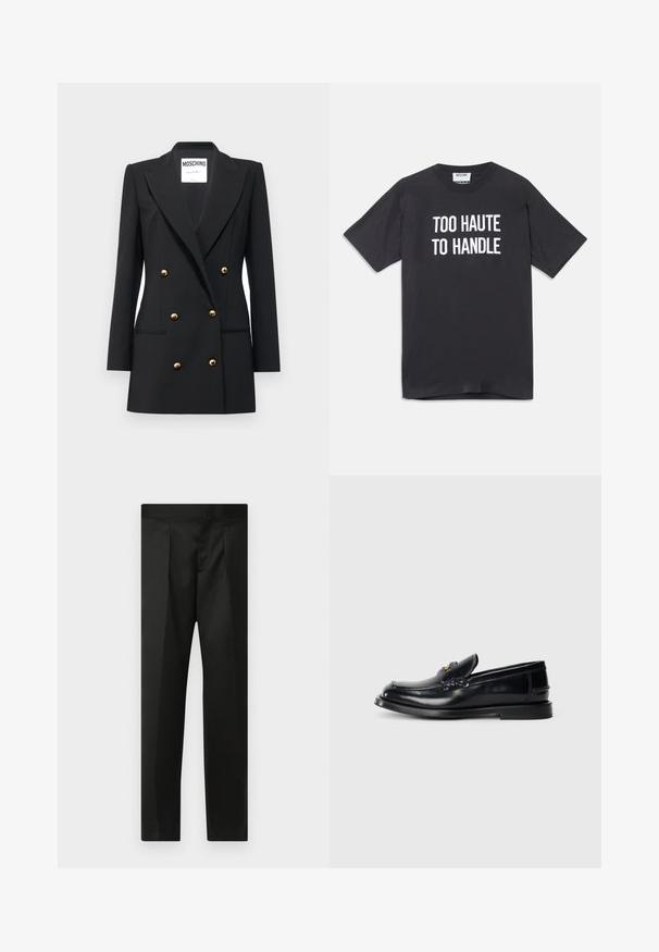 MOSCHINO - Żakiet; Czarna bawełniana koszulka z krótkim rękawem i okrągłym dekoltem, z białym napisem "ZA GORĄCA, ŻEBY TO ZNIEŚĆ" z przodu.; Czarne spodnie wykonane z gładkiego materiału, z dopasowanym krojem, prostymi nogawkami oraz płaskim pasem bez widocznych zapięć lub kieszeni.; Czarne skórzane loafersy z wyszywaną konstrukcją, małym przednim klapkiem i płaską gumową podeszwą. Gładka tekstura z akcentami w kolorze złota.