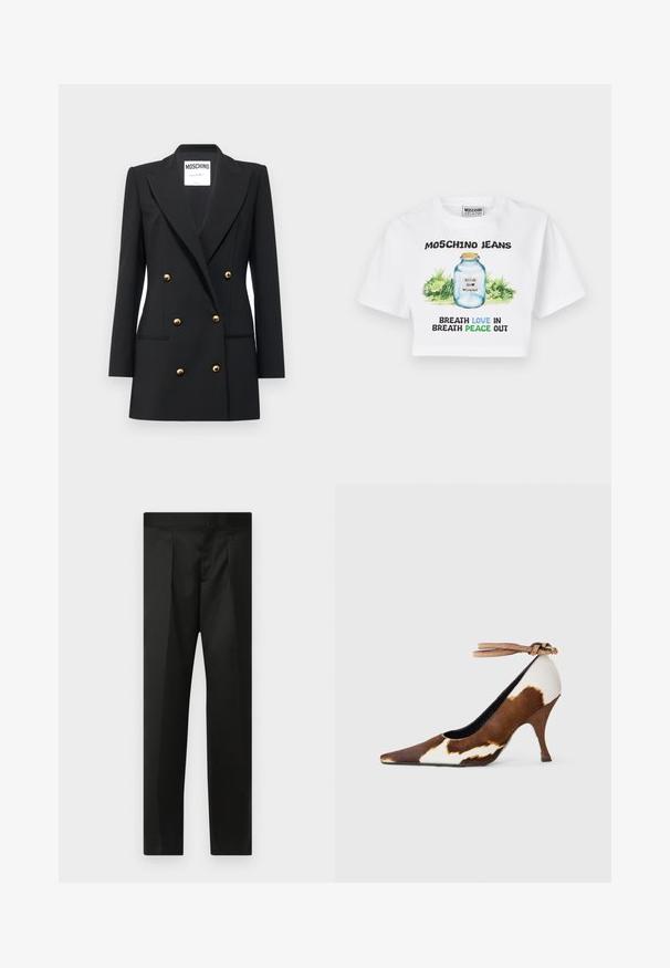 MOSCHINO ABITO - Blézer - nero; Fehér rövidített póló, zöld növényzettel díszített üveg befőttesüveget ábrázoló grafikával. Fekete és kék szöveg olvasható rajta: "MOSCHINO JEANS" és a szerelemről és békéről szóló kifejezések.; Fekete nadrág sima anyaggal, testhezálló fazonnal, egyenes lábakkal és lapos derékkal, látható zárak vagy zsebek nélkül.; Barna és fehér tehénmintás magassarkú cipő, hegyes orral, texturált felülettel és világosbarna csattal ellátott bokapánttal.