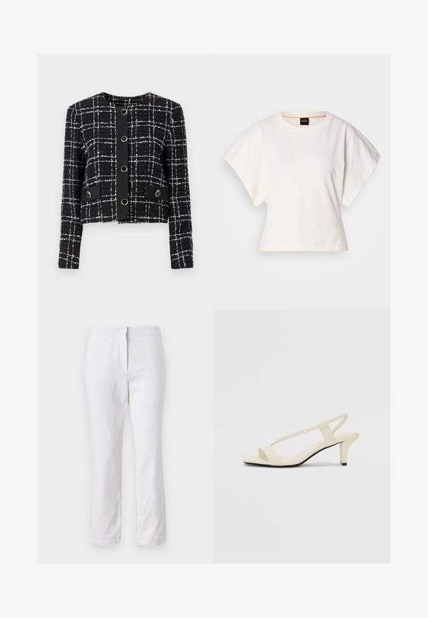 Čierno-biela károvaná bunda s okrúhlym výstrihom, piatimi obľúbenými guľatými zlatými gombíkmi a dvoma dekoračnými vreckami s chlopňou. Textúrovaný materiál.; Biely skrátený tričko, krátke široké rukávy, mäkký bavlnený materiál, okrúhly výstrih s jemným oranžovým lemovaním, minimalistický dizajn, bez vzorov alebo grafiky.; Biele bavlnené nohavice so striedmym strihom, s pásom strednej výšky a bez viditeľných kovových prvkov alebo vzorov. Hladká textúra po celom obvode.; Béžové sandále na blokovom podpätku s tenkými pásikmi a štvorcovou špičkou. Hladký materiál s minimálnym detailovaním, navrhnuté pre ľahké nosenie.