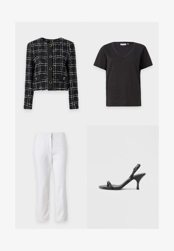 Chaqueta a cuadros en blanco y negro con cuello redondo, cinco botones circulares en tono dorado y dos bolsillos decorativos con solapa. Material texturizado.; Camisa de algodón negra con cuello en V y mangas cortas. Diseño simple con un corte regular y sin patrones ni acentos.; Pantalones de algodón blancos con un diseño de pierna recta, que cuentan con una cintura de media altura y sin herrajes o patrones visibles. Textura suave en todo su recorrido.; Sandalias de tacón alto de cuero negro con un tacón delgado y curvado y un diseño de tiras cruzadas. Correa para el tobillo ajustable. Textura suave.