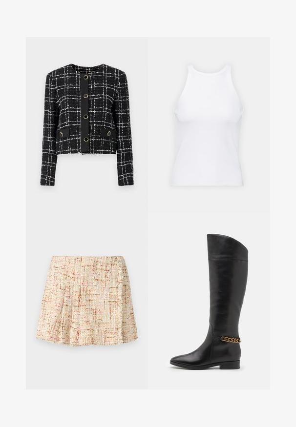 Jachetă în carouri alb-negru, cu guler rotund, cinci butoane circulare de culoare aurie și două buzunare decorative cu clapetă. Material texturat.; Top alb fără mâneci, confecționat din material ribbed, prezentând un decolteu rotund și o siluetă ajustată, cu cusături minime și fără ornamente.; Fustă scurtă plisată dintr-un material texturat în tonuri neutre, cu stropi subtili de culoare. Prezintă un tiv franjurat pe lateral.; Cizme negre din piele înalte, cu un design elegant, vârf ascuțit și un accent de lanț auriu la gleznă. Toc mic în formă de bloc. Textură netedă.