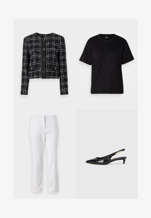 Jachetă în carouri alb-negru, cu guler rotund, cinci butoane circulare de culoare aurie și două buzunare decorative cu clapetă. Material texturat.; T-shirt negru din bumbac, cu guler rotund, mâneci scurte și un logo brodat pe piept. Design simplu, cu o croială relaxată și fără modele.; Pantaloni din bumbac alb, cu un design drept, având talie medie și fără hardware sau modele vizibile. Textură uniformă pe întreaga suprafață.; Sandale slingback din piele neagră cu vârf ascuțit, având un toc subțire și un accent de culoare aurie pe curea ajustabilă. Textură netedă.