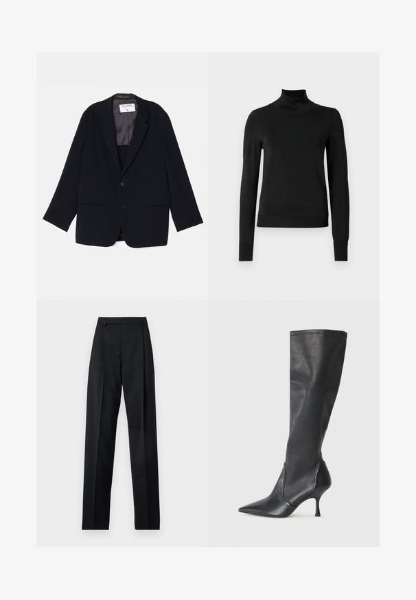 Črn blezer z enojnim zapiranjem, dvema sprednjima žepoma in mehkim notranjim podlogo. Ima izrezan rever in gumb za zapiranje.; Črni pulover s dolgimi rokavi in vratnikom, z rebrastimi манжетами in robom, prikazan na enobarvni beli podlagi.; Črne hlače iz gladkega materiala, ki imajo visok pas, široke noge, sprednje nabore in klasične zanke za pas. Nevidni stranski žepi.; Črne usnjene škornje do kolen s koničastim nosom in ozkim stiletto peto. Gladka tekstura z oblikovanim dizajnom in šivi na zgornjem robu.