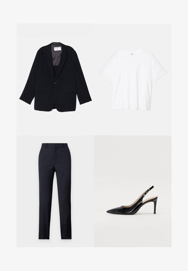 Blazer noir avec un design à un bouton, deux poches avant et une doublure intérieure douce. Présente un col cranté et une fermeture à bouton.; T-shirt en coton blanc avec des manches courtes, un col rond, une coupe décontractée et un ourlet cousu. Étiquette visible à l'intérieur du col.; Pantalons ajustés bleu marine avec une coupe droite, présentant une texture lisse, deux poches avant et une taille épurée.; Pompe slingback en cuir verni noir avec un bout pointu, un talon fin et un design de découpes subtil. Elle dispose d'une boucle dorée sur la sangle.