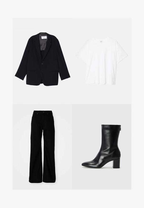 Must have ühe nööbiga must ülikond, millel on kaks esikoti taskut ja pehme sisemine vooder. Varustatud nurgaklapiga ja nööbiga kinnitusega.; Valge puuvillane T-särk lühikeste varrukatega, ümmargune kaelus, mugav lõige ja õmmeldud serv. Silt nähtav kaela seest.; Mustad laiade säärega püksid, mis on valmistatud denimpallist. Omavad istuvat vööd, eesolevaid taskuid ja nööp sulgemist. Sile tekstuur minimaalse detailide arvuga.; Must musta ankle boot teravaid varvastega ja 4 cm plokknõela. Suurepärase disainiga, millel on külgrihm lihtsaks läbi panemiseks. Sile tekstuur.