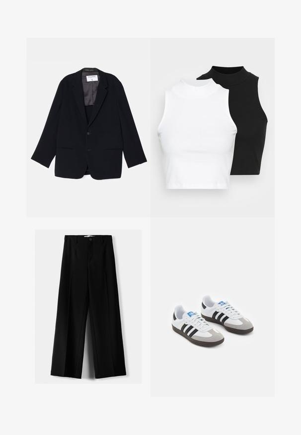 Črn blezer z enojnim zapiranjem, dvema sprednjima žepoma in mehkim notranjim podlogo. Ima izrezan rever in gumb za zapiranje.; Dva brezrokavniki z rebrasto turtleneck gorami v črni in beli barvi, z oblikovanim dizajnom in gladko teksturo, v skrajšani dolžini.; Črne široke hlače iz lahkega materiala, z zapiranjem na gumb spredaj in ravnim sprednjim delom, s skrbno zašiti robovi.; Športni čevlji z belim usnjenim zgornjim delom, sivim semišem na prstih in tremi črnimi črtami. Imajo modro logo na jeziku in teksturiran gumijast podplat.