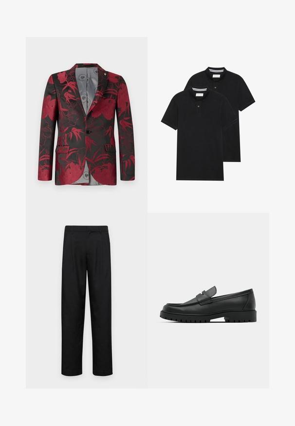 Blazer s cvjetnim uzorkom u crvenoj boji na crnoj pozadini, s dvije prednje džepove, zatvaranjem na jedan dugme i glatkom sivom unutarnjom podlogom.; Dva crna polo majice, kratki rukavi, pamučni materijal, sa klasičnom ovratnikom, čepom sa dva gumba i bijelim prugastim detaljima unutar ovratnika.; Crne hlače od glatkog materijala, s dizajnom ravnih nogavica, dva prednja nabora i standardnim pojasom s petljama za remen.; Crne kožne mokasine s zaobljenim vrhom, s ušivenim dizajnom, niskom platformom i teksturiranim, gumenim potplatom s izbočinama.