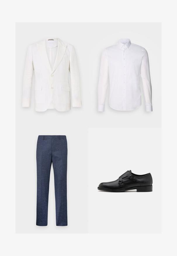 Valge linane bleiser, millel on struktureeritud disain, kahe nupu eestluku, teravad kraed, üks rinna tasku ja kaks küljetaskut.; Valge pikkade varrukatega nööpidega särk, mis on valmistatud puuvillast, klassikalise krae, eest nööpide ja minimaalsete õmblusdetailidega.; Tumed sinine püksid, mis on valmistatud tekstuuriga kangast, sirgete jalgega, tasase esiosa ja kahe küljetaskuga. Ilma nähtavate mustrite või aksessuaarideta.; Musta nahast kleitking, kus on kaks pandlat, voolava silueti ja ümarate varvastega. Omab madalat kontsa ja siledat tekstuuri.